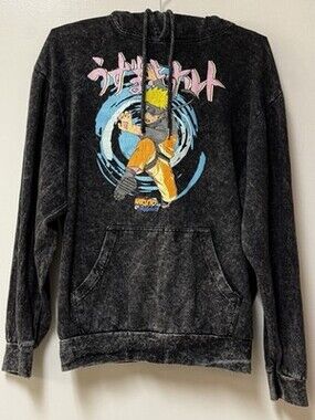 Naruto Hoodie Mens Medium Anime Black Sweatshirt Pullover Hooded 2007 Acid Wash